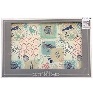 Coastal Postcard Themed Glass Cutting Board Featuring Seagulls & Seashells New